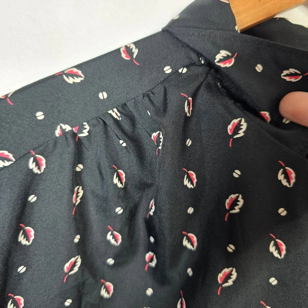 Vintage Caribou Black Floral Print Button Up Short Sleeve Blouse Women's Size XL
